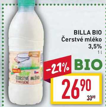 Billa BIO Čerstvé mléko 3,5% 1l v akci