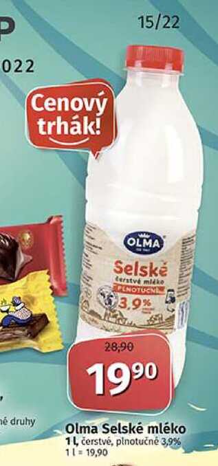 Olma Selské mléko čerstvé, plnotučně 3,9% 1l v akci