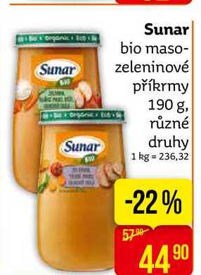 Sunar bio maso- zeleninové příkrmy 190 g, různé druhy