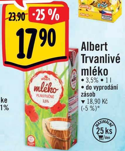 Albert Trvanlivé mléko 3,5%, 1 l v akci