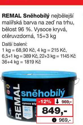 REMAL Sněhobílý nejbělejší malířská barva na zeď' na trhu, bělost 96 %. Vysoce kryvá, otěruvzdorná, 15+3 kg