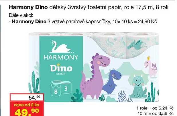 Harmony Dino dětský 3vrstvý toaletní papír, role 17,5 m, 8 rolí 
