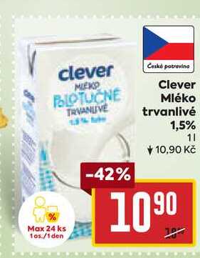 Clever Mléko trvanlivé 1,5% 1l v akci