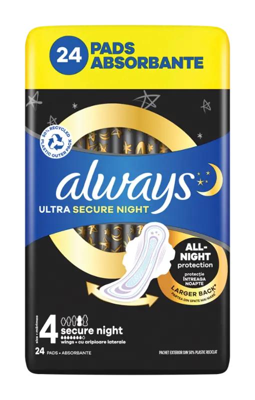 Always Hygienické vložky s křidélky Ultra Secure Night vel. 4., 24 ks