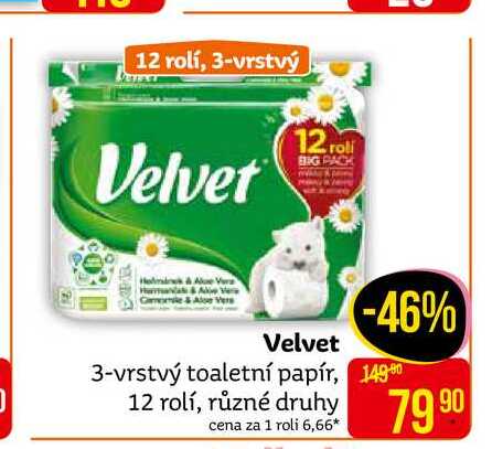 Velvet 3-vrstvý toaletní papír, 12 rolí, různé druhy