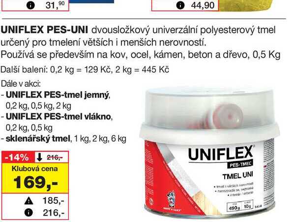 UNIFLEX PES-UNI dvousložkový univerzální polyesterový tmel určený pro tmelení větších i menších nerovností. Používá se především na kov, ocel, kámen, beton a dřevo, 0,5 Kg