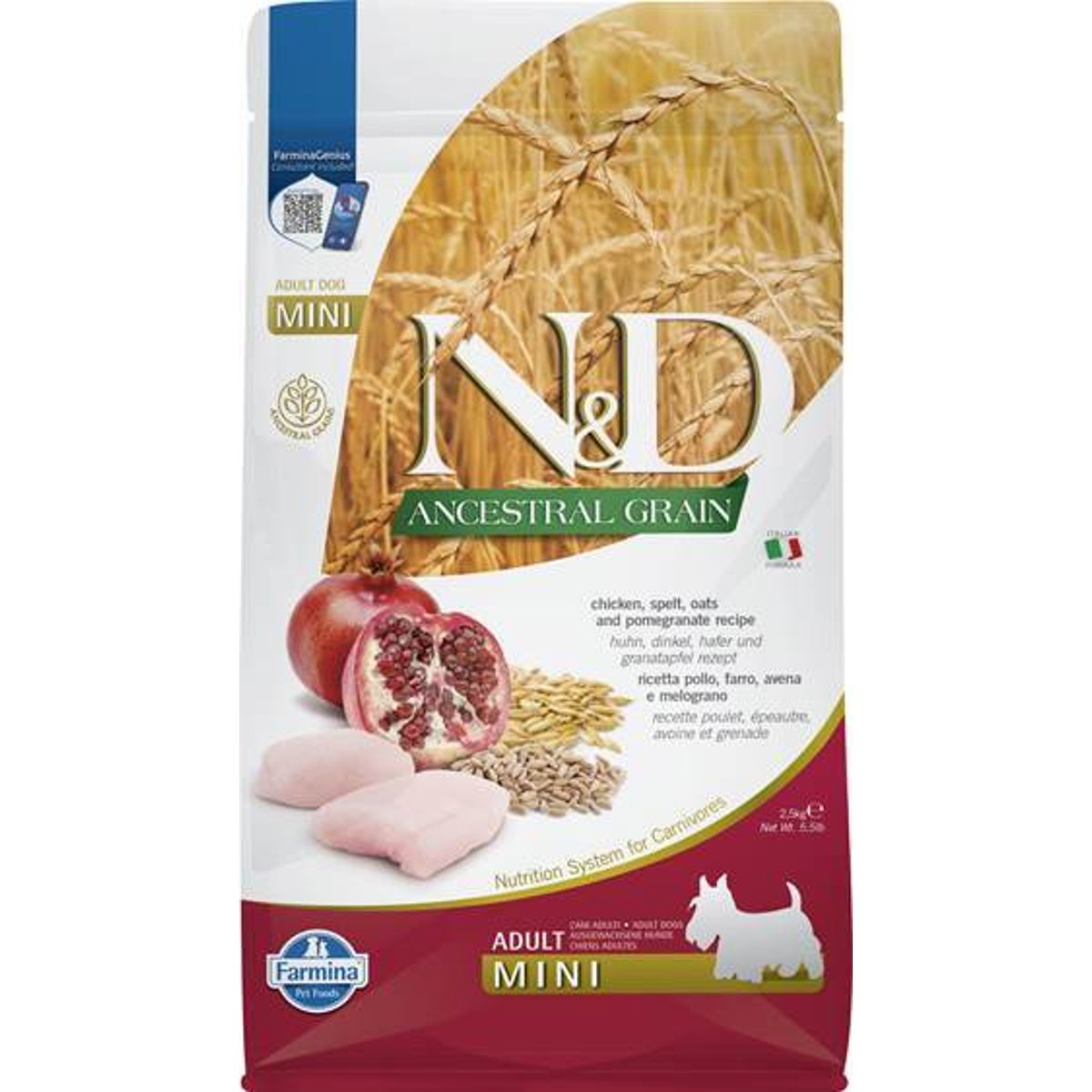 N&D Ancestral Grain granule pro dospělé psy malých plemen s kuřecím a granátovým jablkem