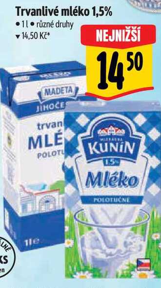 Trvanlivé mléko 1,5%  1 l v akci
