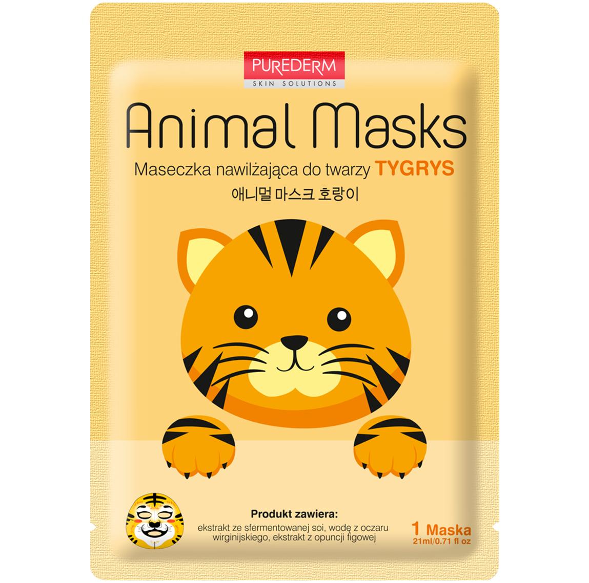 Purederm Animal Masks, hydratační maska tygr, 21 ml