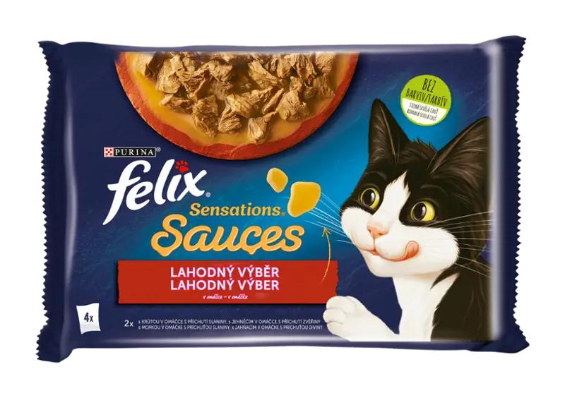 Felix Kapsička pro kočky Sensations Sauces s krůtou v omáčce s příchutí slaniny, s jehněčím s příchutí zvěřiny multipack 4 x 85g, 340 g