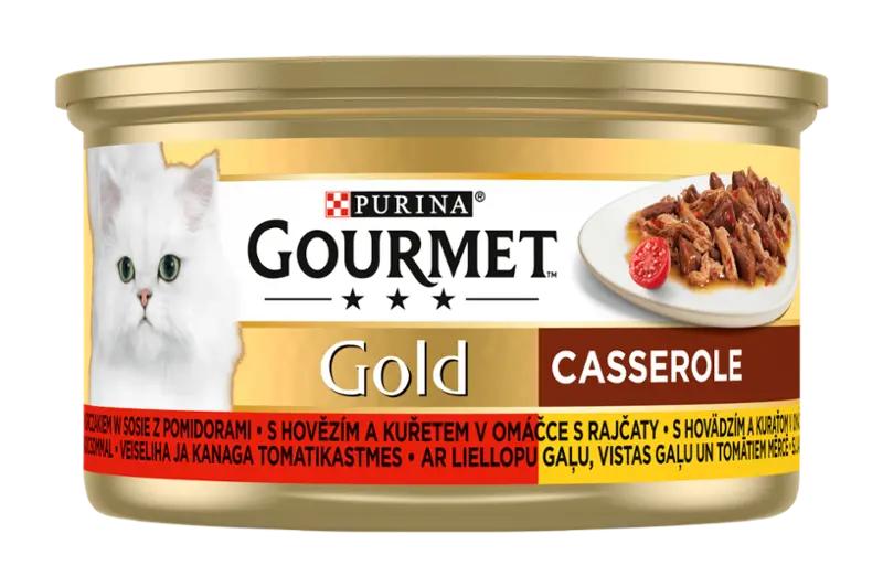 Gourmet Gold Konzerva pro kočky s hovězím a kuřetem v omáčce s rajčaty, 85 g
