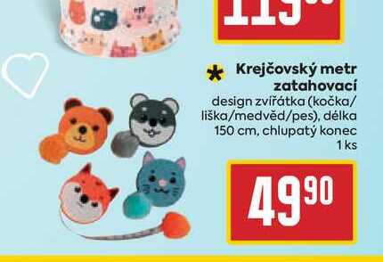 Krejčovský metr zatahovací design zvířátka (kočka/ liška/medvěd/pes), délka 150 cm, chlupatý konec 1 ks 