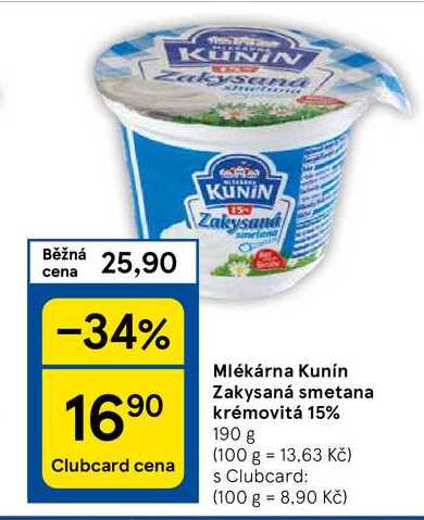 Mlékárna Kunín Zakysaná smetana krémovitá 15%, 190 g  v akci