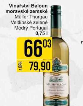 Vinařstvi Baloun moravské zemské Müller Thurgau Veltlínské zelené Modrý Portugal 0,75l