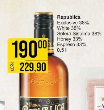 Republica Exclusive 38% White 38% Solera Sistema 38% Honey 33% Espreso 33% 0,5l