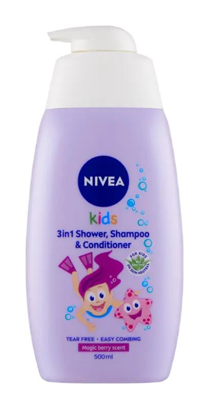 NIVEA Dětský sprchový gel, šampon a kondicionér 3v1, vůně lesního ovoce, 500 ml