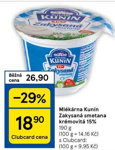 Mlékárna Kunín Zakysaná smetana krémovitá 15%, 190 g