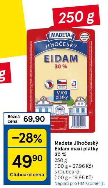 Madeta Jihočeský Eidam maxi plátky 30%, 250 g