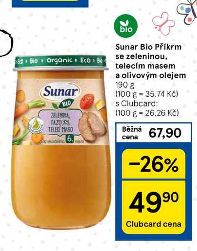 Sunar Bio Příkrm se zeleninou, telecím masem a olivovým olejem, 190 g 