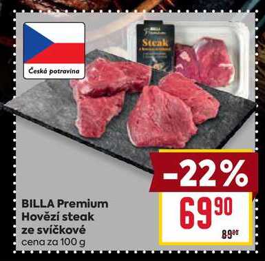 BILLA Premium Hovězí steak ze svíčkové cena za 100 g 