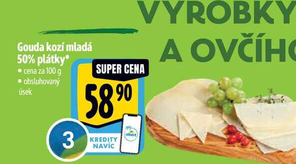 Gouda kozí mladá 50% plátky cena za 100 g 