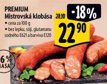 PREMIUM Mistrovská klobása, cena za 100 g 