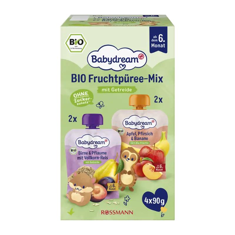 Babydream BIO Ovocné příkrmy jablko, broskev, banán + hruška, švestka, rýže, 360 g