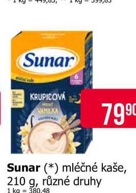 Sunar mléčné kaše, 210 g, různé druhy 