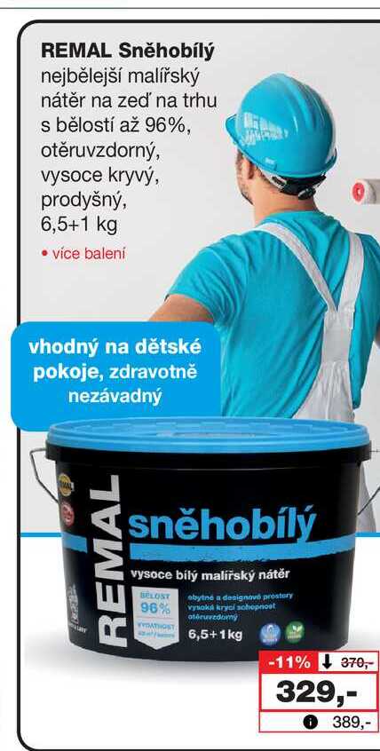 REMAL Sněhobílý nejbělejší malířský nátěr na zeď na trhu s bělostí až 96%, otěruvzdorný, vysoce kryvý, prodyšný, 6,5+1 kg