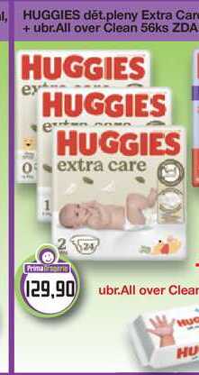 HUGGIES dětské pleny Extra Care +ubr.All over Clean 56ks ZDARMA 