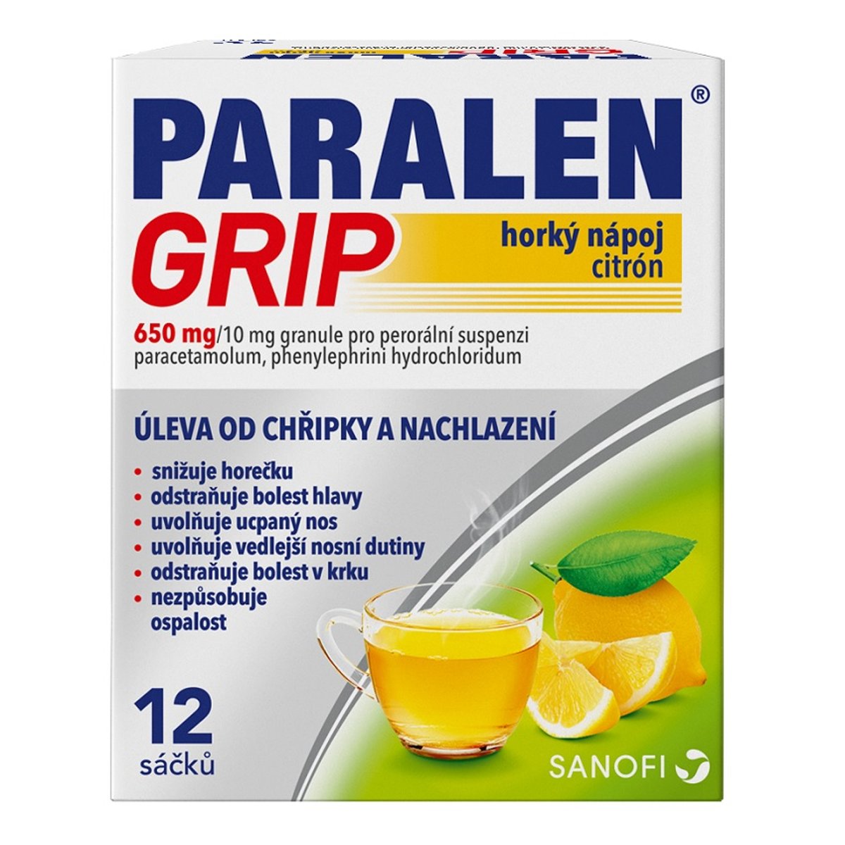 PARALEN GRIP HORKÝ NÁPOJ CITRÓN 650MG/10MG Granule pro perorální suspenzi 12