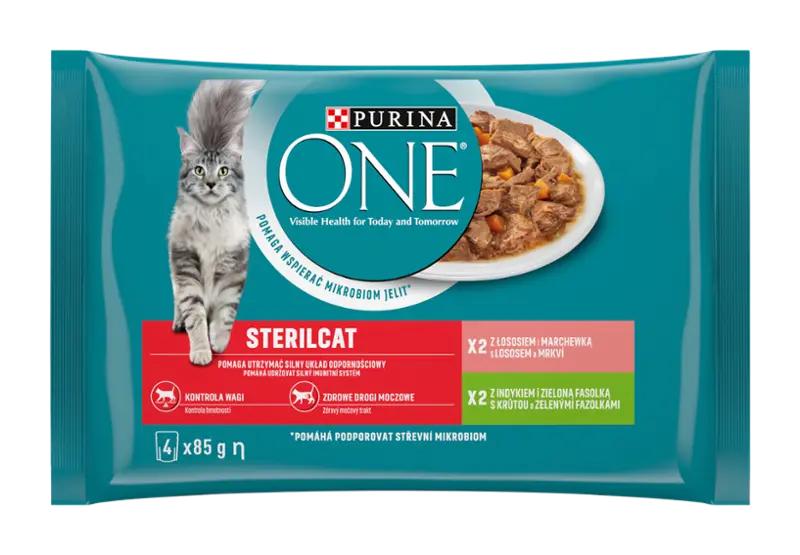 PURINA ONE Kapsička pro kočky Sterilcat s krůtou a zelenými fazolkami, s lososem a mrkví ve šťávě multipack 4 x 85g, 340 g