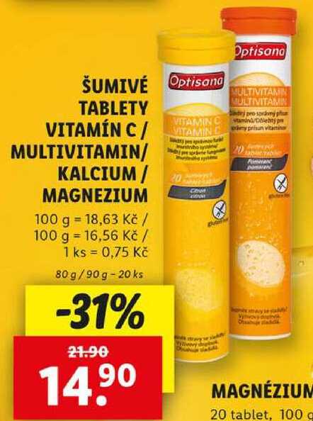 ŠUMIVÉ TABLETY VITAMÍN C/MULTIVITAMIN/KALCIUM/MAGNEZIUM, 80 g/90 g - 20 ks