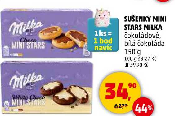 SUŠENKY MINI STARS MILKA čokoládové, 150 g v akci