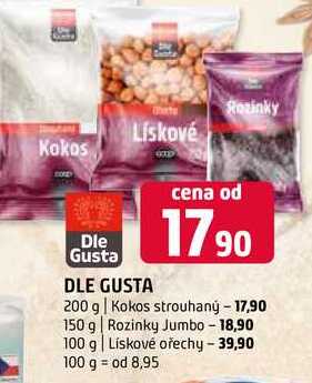 Dle Gusta Kokos strouhaný Rozinky Jumbo Lískové ořechy vybrané druhy