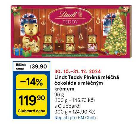 Lindt Teddy Plněná mléčná čokoláda s mléčným krémem, 96 g 