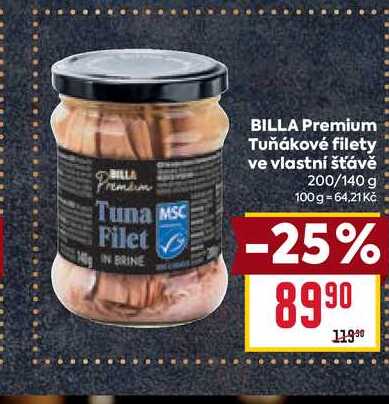 BILLA Premium Tuňákové filety ve vlastní šťávě 200/140 g 