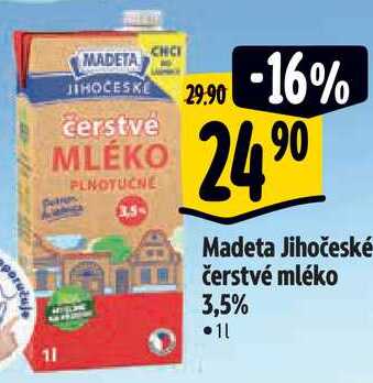 Madeta Jihočeské čerstvé mléko 3,5%, 1 l