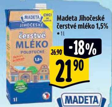 Madeta Jihočeské čerstvé mléko 1,5%, 1 l