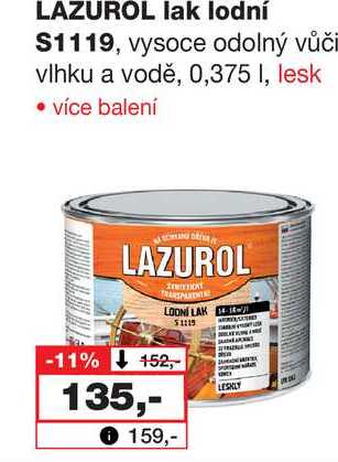 LAZUROL lak lodní $1119, vysoce odolný vůči vlhku a vodě, 0,375 I, lesk 