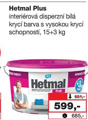 Hetmal Plus interiérová disperzní bílá krycí barva s vysokou krycí schopností, 15+3 kg 