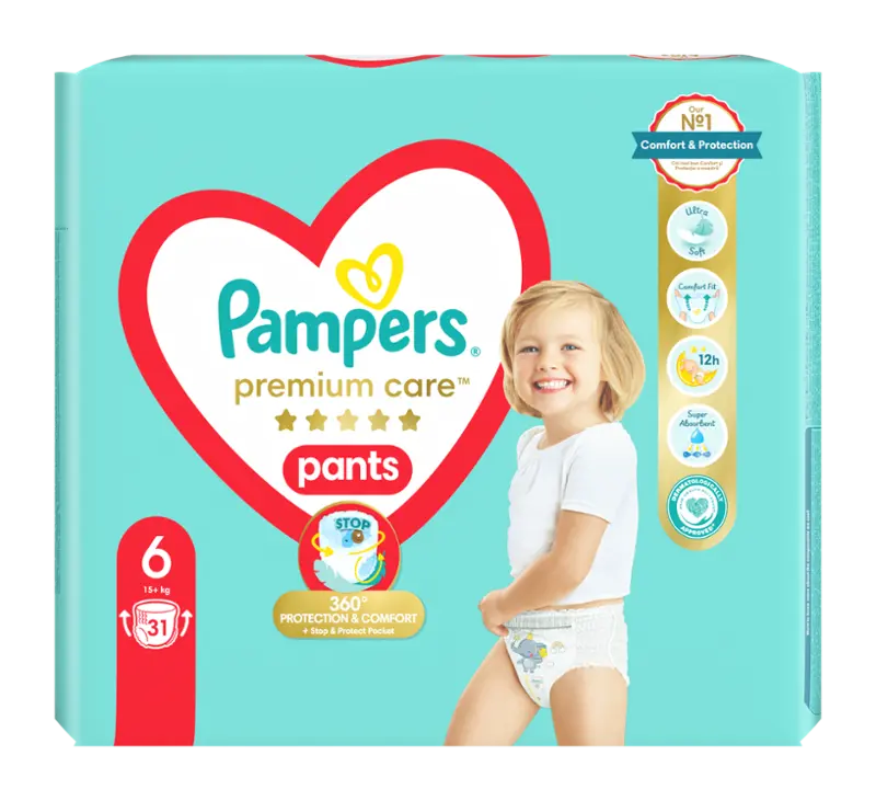 Pampers Plenkové Kalhotky Premium Care 15+ kg, vel. 6, 31 ks