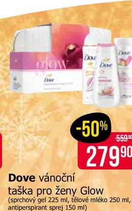 Dove vánoční taška pro ženy Glow (sprchový gel 225 ml, tělové mléko 250 ml, antiperspirant sprej 150 ml) 