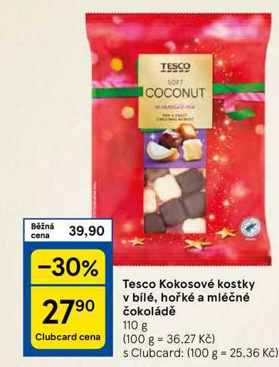 Tesco Kokosové kostky v bílé, hořké a mléčné čokoládě, 110 g 