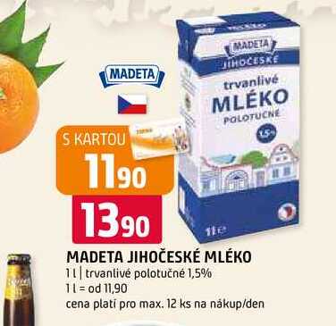 Madeta Jihočeské mléko 1l, polotučné 1,5%