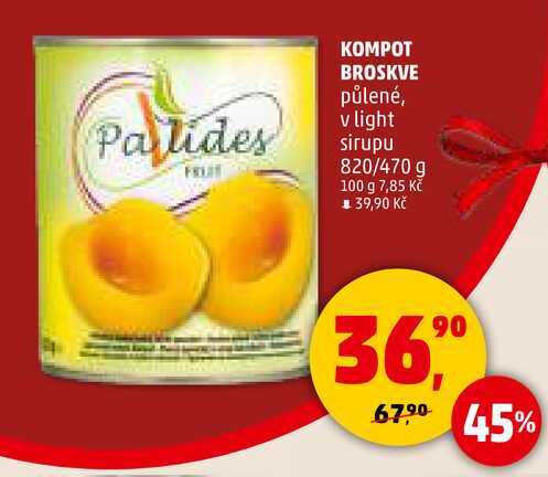 KOMPOT BROSKVE půlené, v light sirupu, 820/470 g 