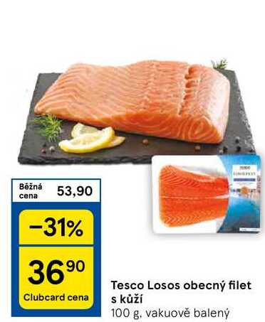 Tesco Losos obecný filet s kůží, 100 g, vakuově balený 