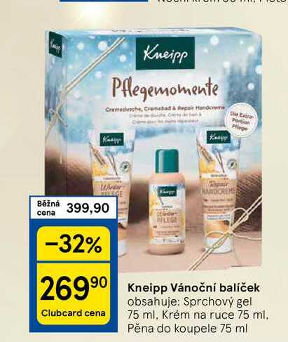 Kneipp Vánoční balíček obsahuje: Sprchový gel 75 ml, Krém na ruce 75 ml, Pěna do koupele 75 ml 