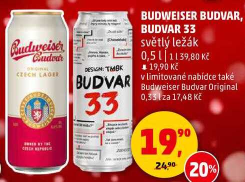 BUDWEISER BUDVAR, BUDVAR 33 světlý ležák, 0,5 l