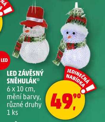 LED ZÁVĚSNÝ SNĚHULÁK, 6 x 10 cm, mění barvy, různé druhy, 1 ks 